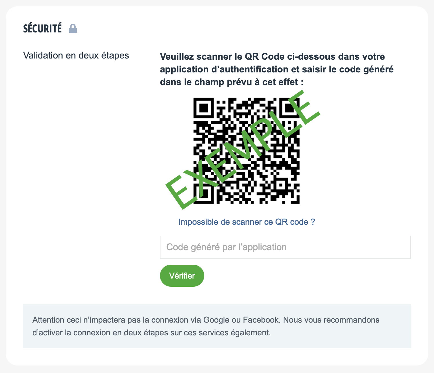 QR code à scanner pour activer la validation en deux étapes