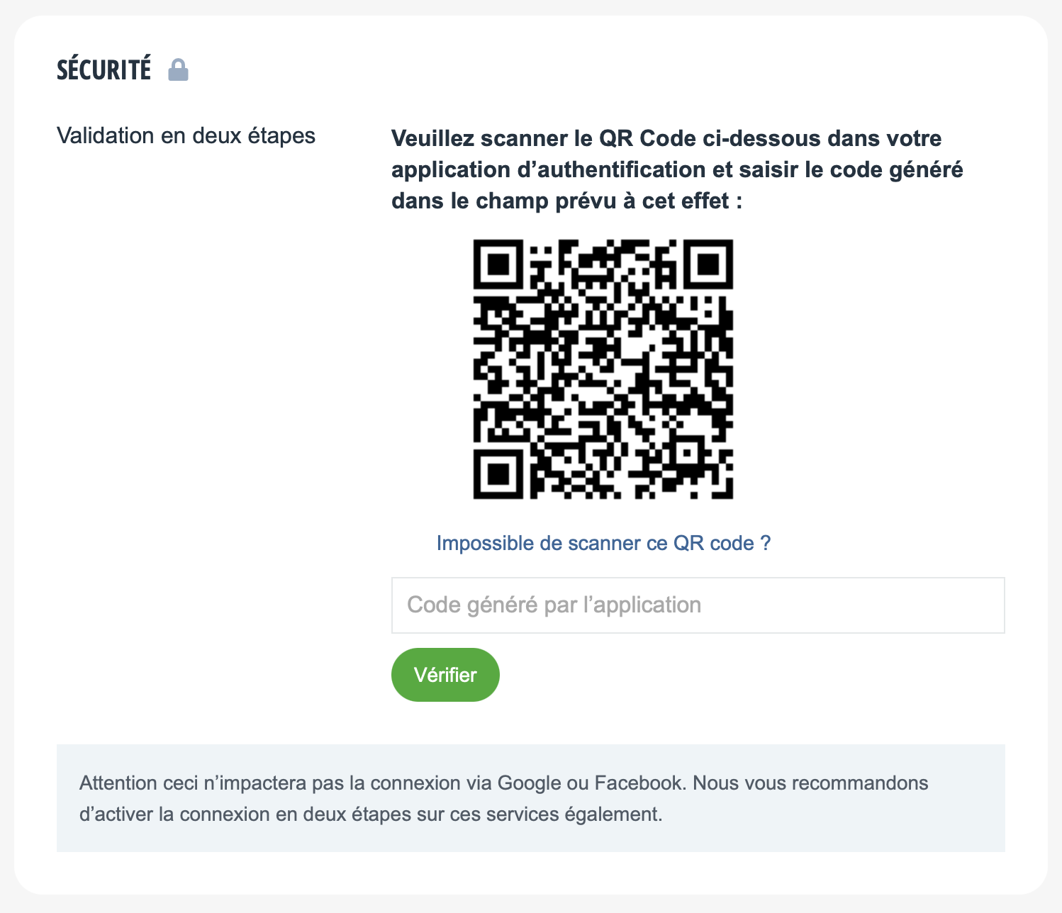 QR code à scanner pour activer la validation en deux étapes